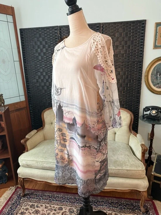 🐦 NWT Cream Addie Dress Chalk Print Lace Shoulder Sheer Boho Tunic EU 36 - Picture 6 of 14